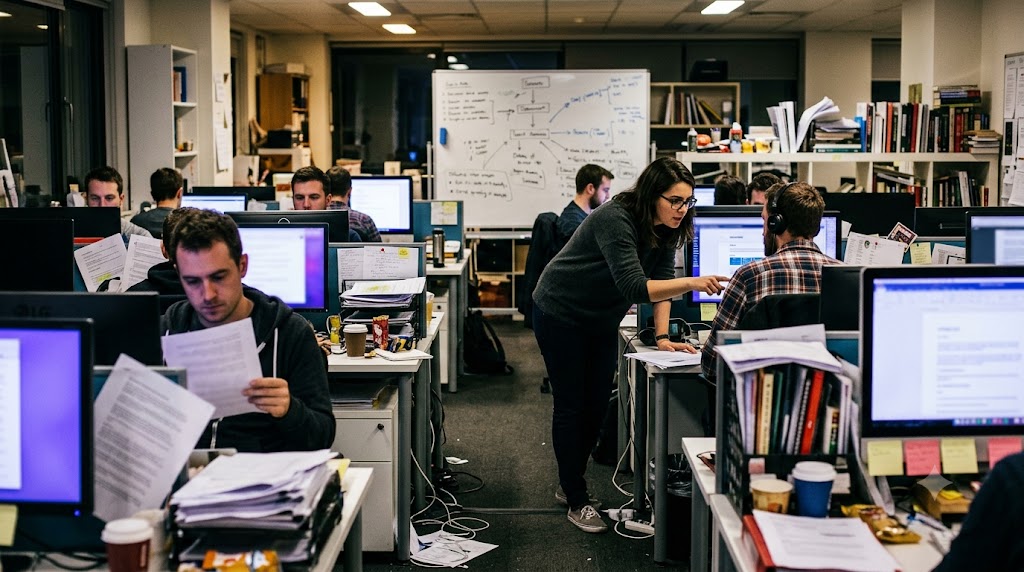 A content team working late in an open-plan office, desks covered with printed drafts and glowing monitors.