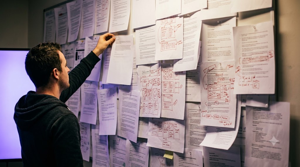 A man pinning another printed page onto a wall already covered edge to edge with marked-up drafts.