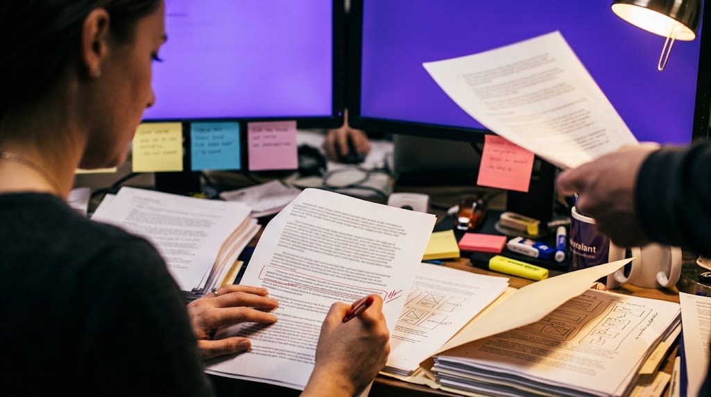 An editor ringing a paragraph of a printed draft in red pen at a desk buried in paper.