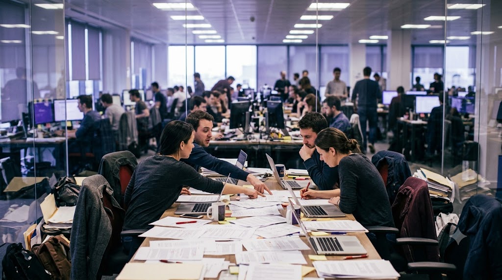 Four colleagues leaning over a table covered end to end with printed pages in a busy office.